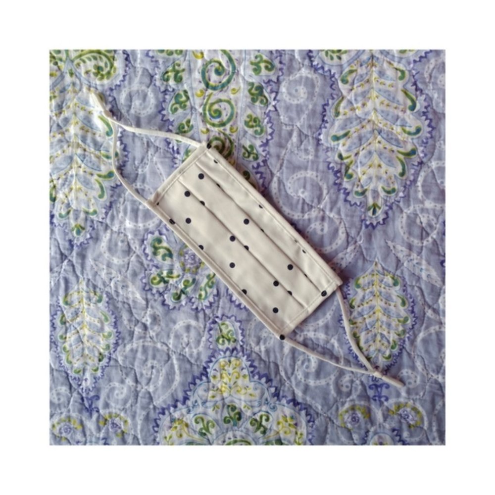 Cotton reusable adult face mask white and navy polka dots